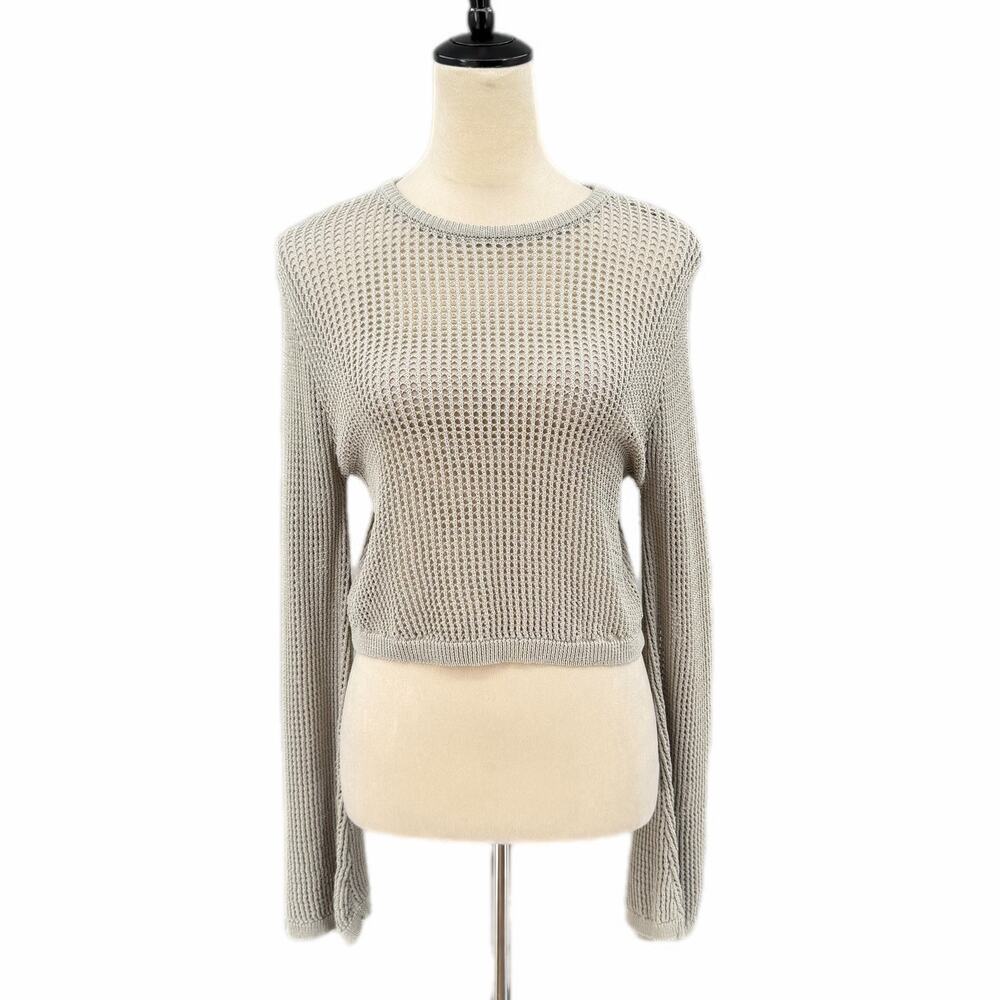Miou Muse NWT Julia Gray Open Knit Cropped Lightweight Bell Sleeve Chic Sweater